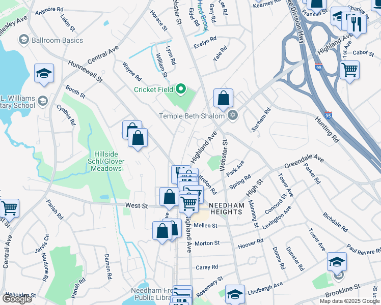 map of restaurants, bars, coffee shops, grocery stores, and more near 757 Highland Avenue in Needham
