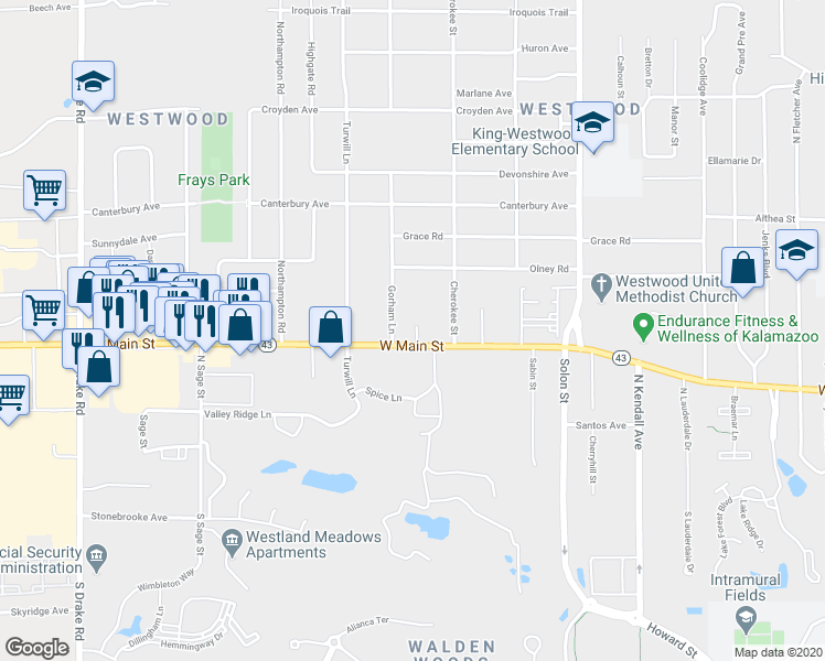 map of restaurants, bars, coffee shops, grocery stores, and more near 3708 West Main Street in Kalamazoo