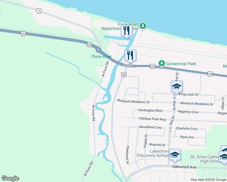 map of restaurants, bars, coffee shops, grocery stores, and more near 267 East Puce Road in Belle River