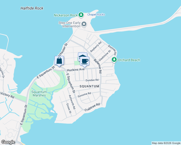 map of restaurants, bars, coffee shops, grocery stores, and more near 101 Huckins Avenue in Quincy