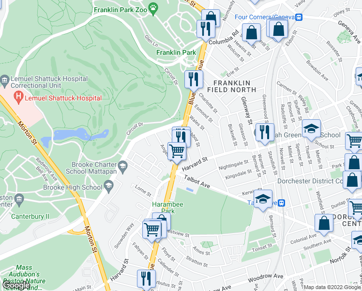 map of restaurants, bars, coffee shops, grocery stores, and more near Blue Hill Avenue in Boston