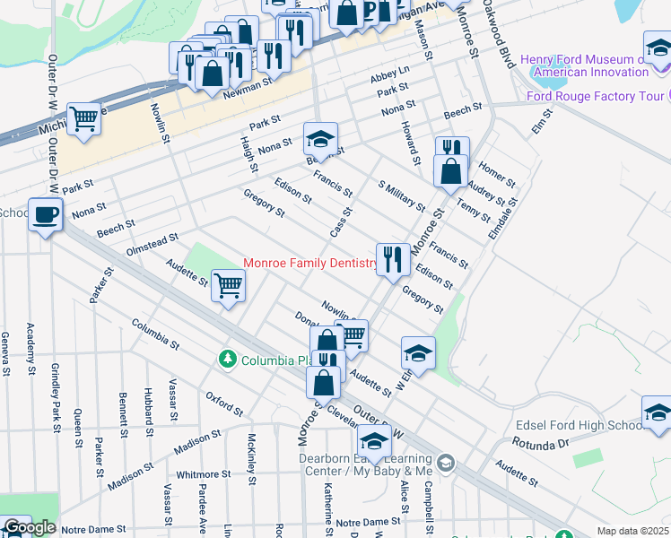 map of restaurants, bars, coffee shops, grocery stores, and more near 22231 Gregory Street in Dearborn