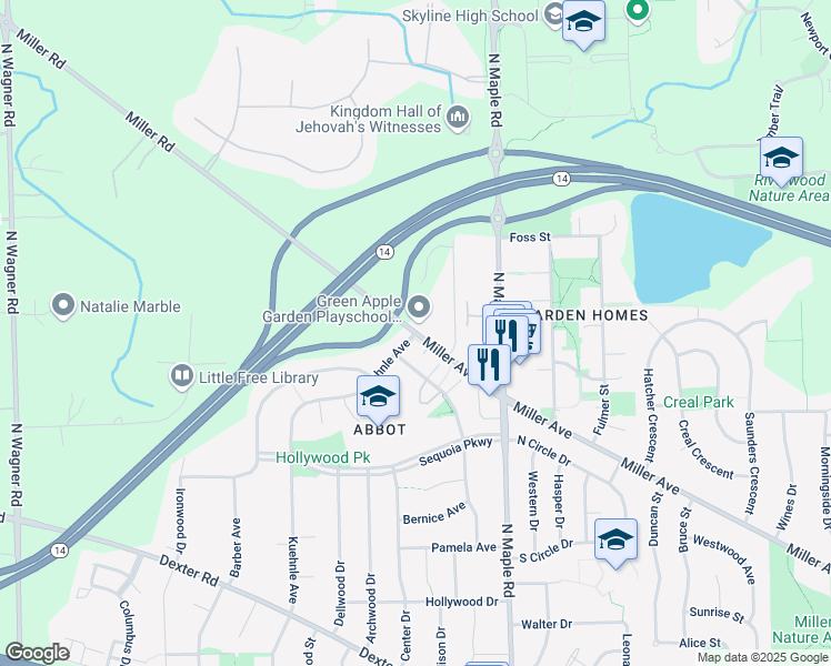 map of restaurants, bars, coffee shops, grocery stores, and more near 2563 Miller Road in Ann Arbor