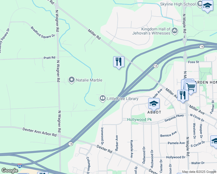 map of restaurants, bars, coffee shops, grocery stores, and more near 940 Rose Drive in Ann Arbor