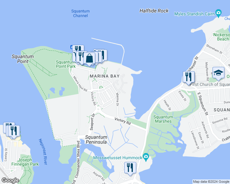map of restaurants, bars, coffee shops, grocery stores, and more near 208 Marina Drive in Quincy