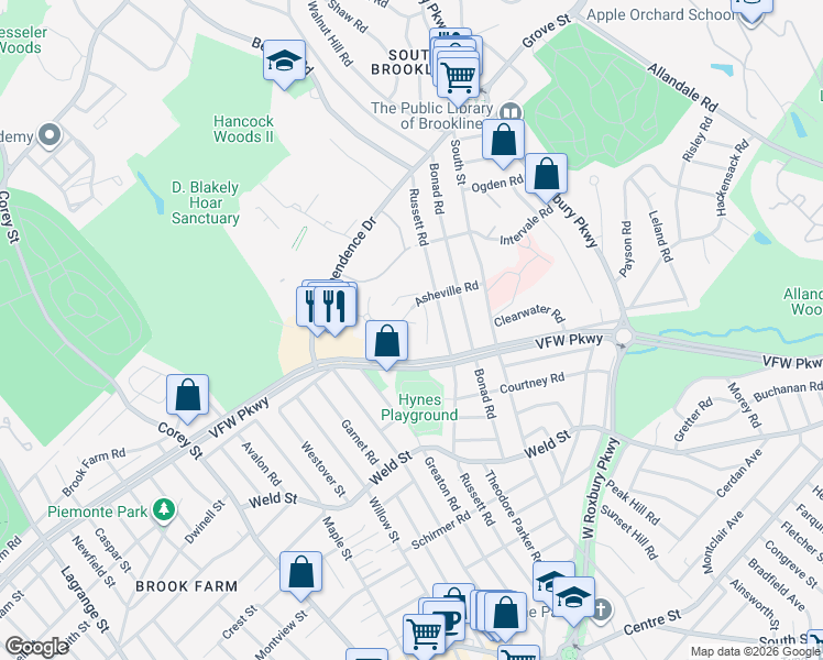 map of restaurants, bars, coffee shops, grocery stores, and more near 93 Asheville Road in Brookline