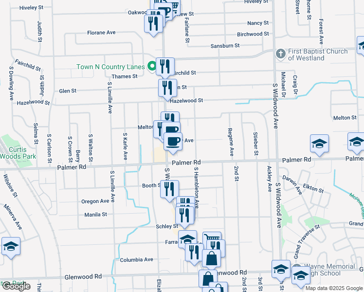 map of restaurants, bars, coffee shops, grocery stores, and more near 35259 Cady Street in Westland