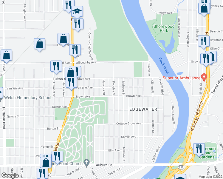 map of restaurants, bars, coffee shops, grocery stores, and more near 2220 Douglas Street in Rockford
