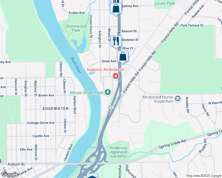 map of restaurants, bars, coffee shops, grocery stores, and more near 4614 Illinois Street in Loves Park