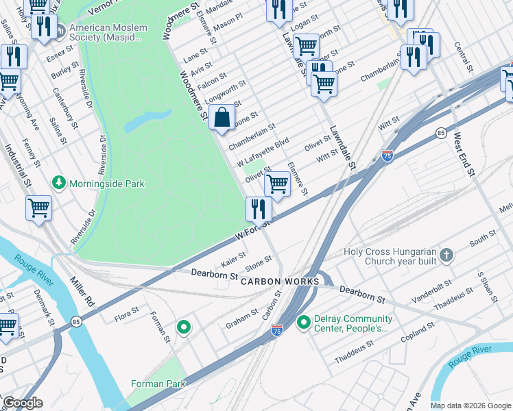 map of restaurants, bars, coffee shops, grocery stores, and more near 796 Woodmere Street in Detroit