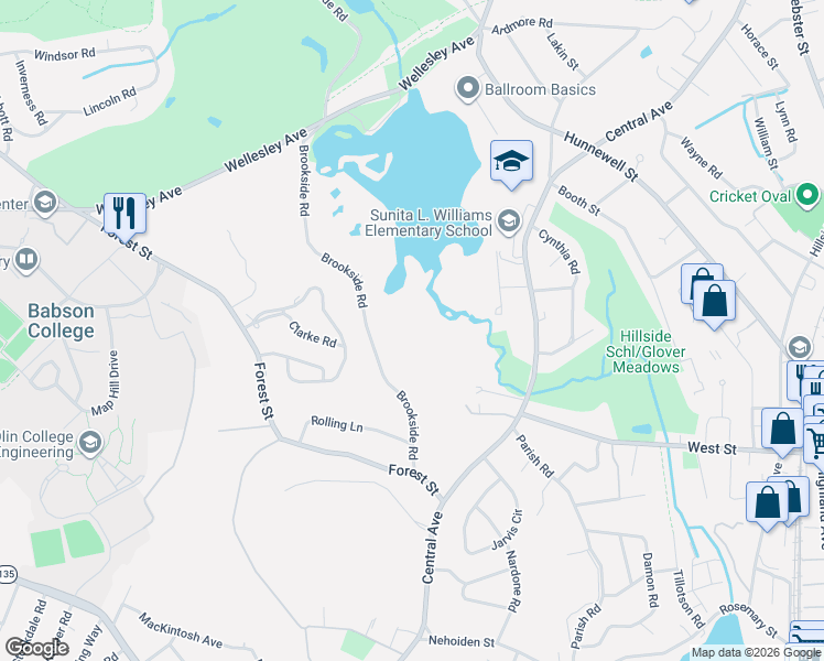 map of restaurants, bars, coffee shops, grocery stores, and more near 144 Brookside Road in Needham
