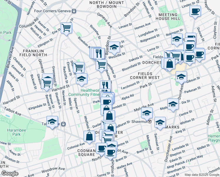 map of restaurants, bars, coffee shops, grocery stores, and more near 101 Claybourne Street in Boston