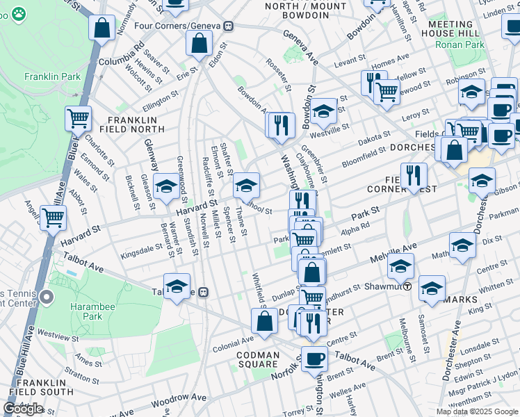 map of restaurants, bars, coffee shops, grocery stores, and more near 32 Bradlee Street in Boston