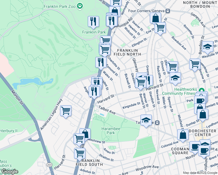 map of restaurants, bars, coffee shops, grocery stores, and more near 31 Wales Street in Boston