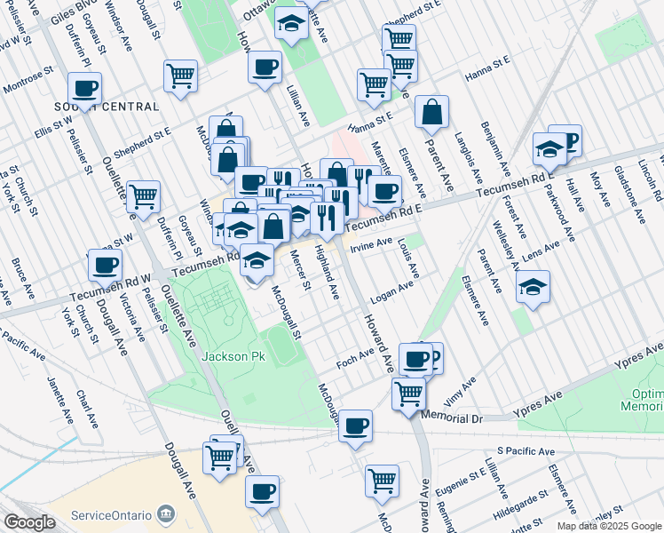 map of restaurants, bars, coffee shops, grocery stores, and more near 2170 Highland Avenue in Windsor