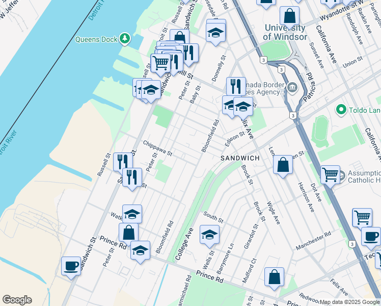 map of restaurants, bars, coffee shops, grocery stores, and more near in Windsor