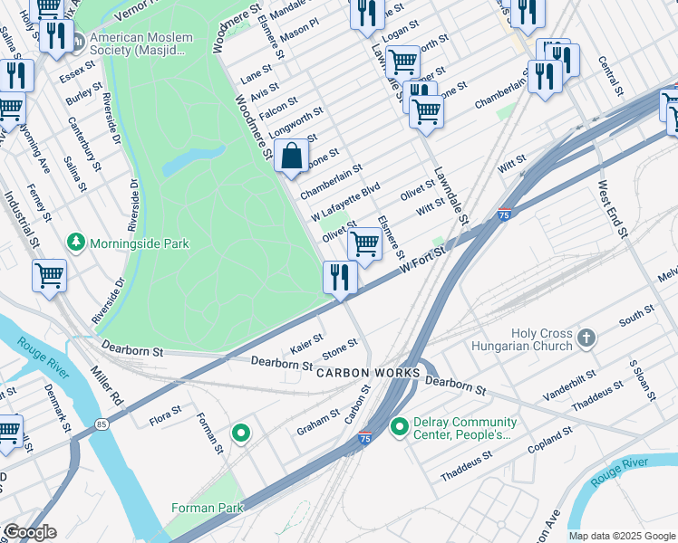 map of restaurants, bars, coffee shops, grocery stores, and more near 796 Woodmere Street in Detroit
