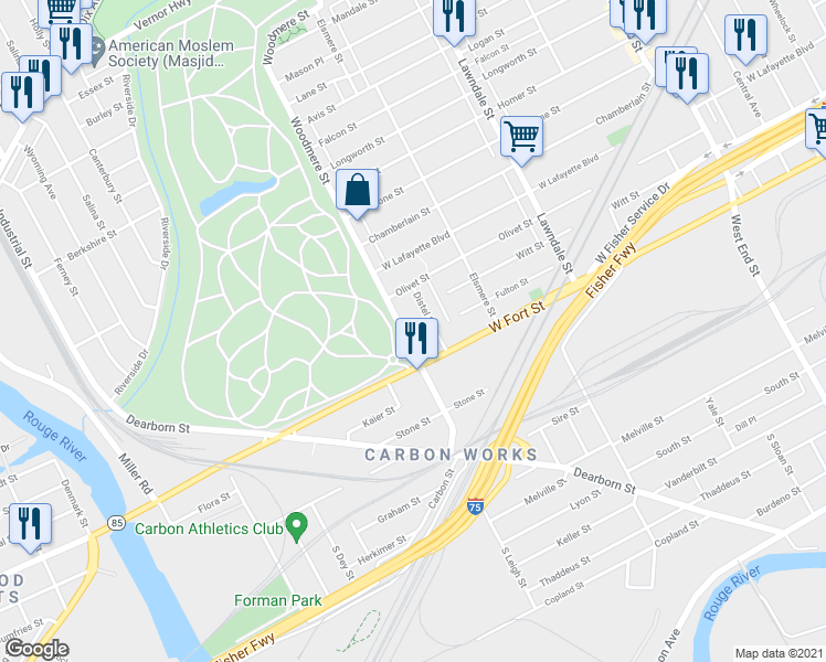 map of restaurants, bars, coffee shops, grocery stores, and more near 796 Woodmere Street in Detroit