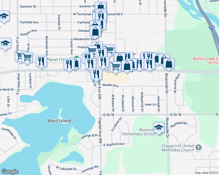 map of restaurants, bars, coffee shops, grocery stores, and more near 115 Weeks Avenue in Battle Creek