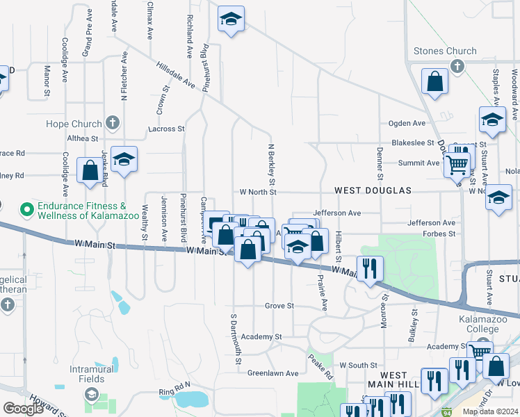 map of restaurants, bars, coffee shops, grocery stores, and more near 533 North Clarendon Street in Kalamazoo