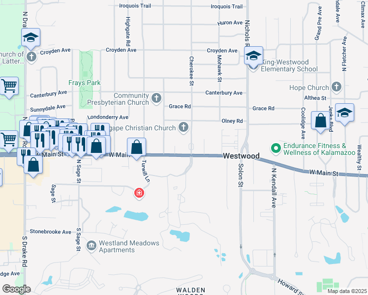 map of restaurants, bars, coffee shops, grocery stores, and more near 3708 West Main Street in Kalamazoo