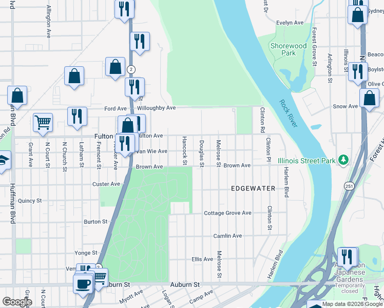 map of restaurants, bars, coffee shops, grocery stores, and more near 2304 Douglas Street in Rockford