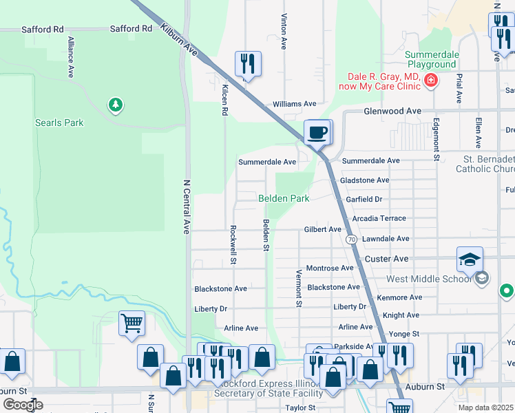 map of restaurants, bars, coffee shops, grocery stores, and more near 3417 Garfield Drive in Rockford