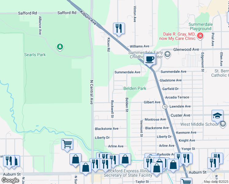map of restaurants, bars, coffee shops, grocery stores, and more near 2326 Rockwell Street in Rockford