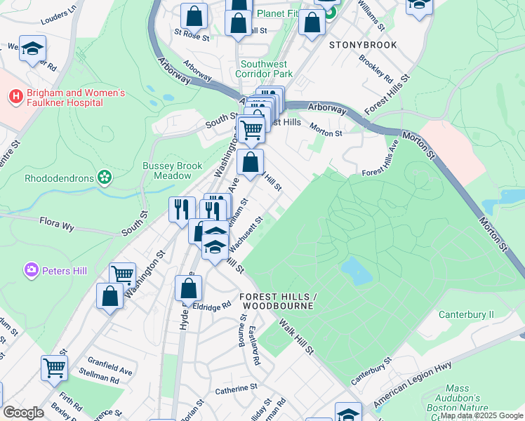 map of restaurants, bars, coffee shops, grocery stores, and more near 33 Wachusett Street in Boston