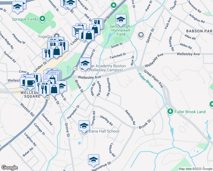 map of restaurants, bars, coffee shops, grocery stores, and more near 15 Southgate Road in Wellesley