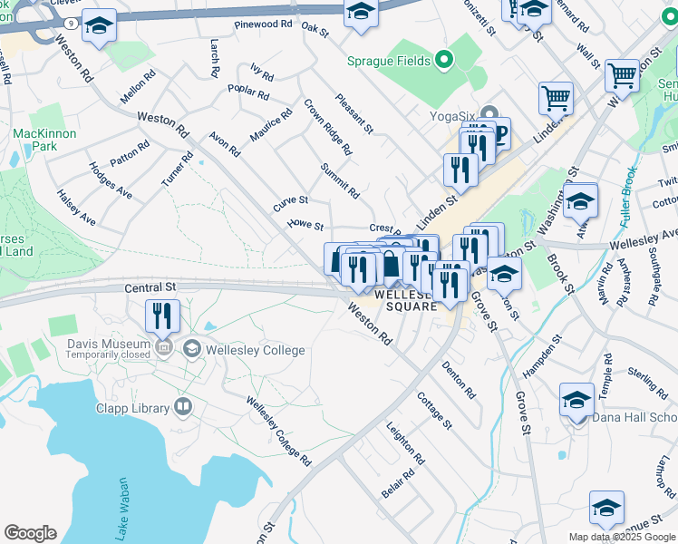 map of restaurants, bars, coffee shops, grocery stores, and more near 3 Linden Street in Wellesley