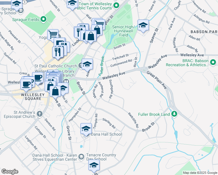 map of restaurants, bars, coffee shops, grocery stores, and more near 15 Southgate Road in Wellesley