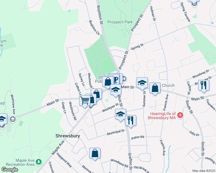 map of restaurants, bars, coffee shops, grocery stores, and more near 557 Main Street in Shrewsbury