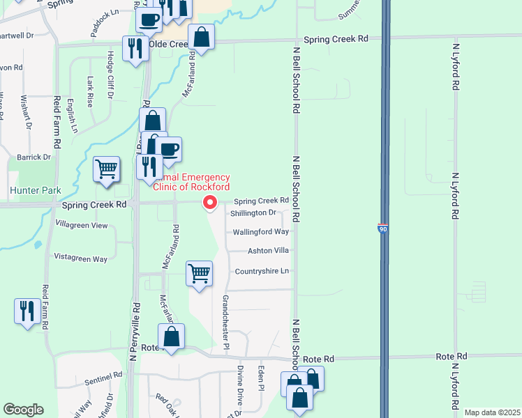 map of restaurants, bars, coffee shops, grocery stores, and more near 7360 Shillington Drive in Rockford