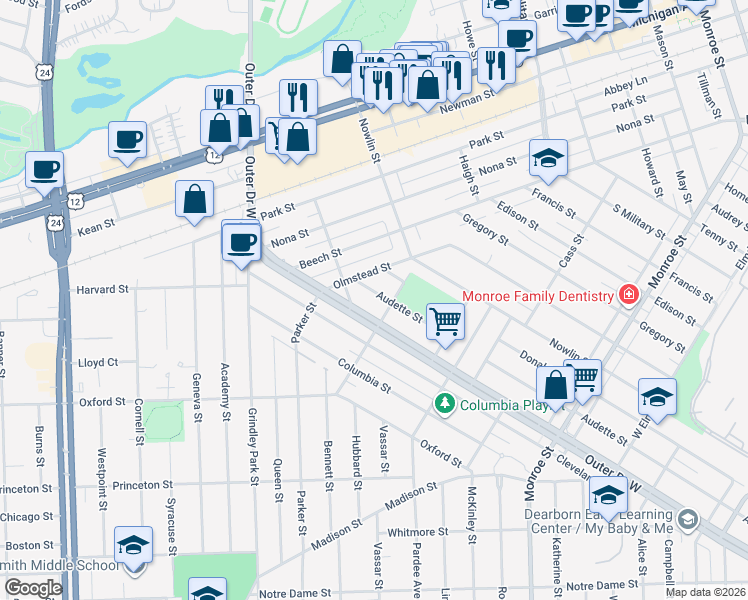 map of restaurants, bars, coffee shops, grocery stores, and more near 23020 Audette Street in Dearborn