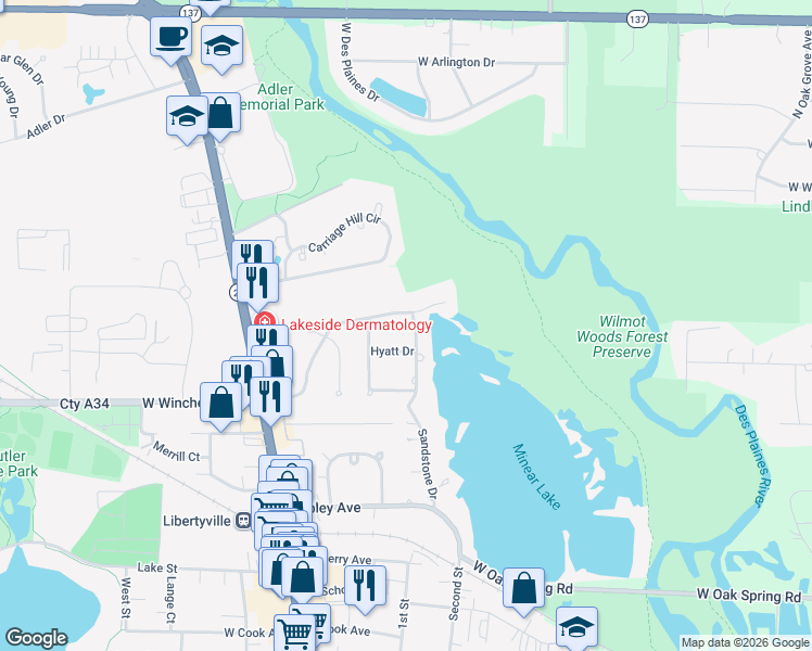 map of restaurants, bars, coffee shops, grocery stores, and more near 405 East Winchester Road in Libertyville