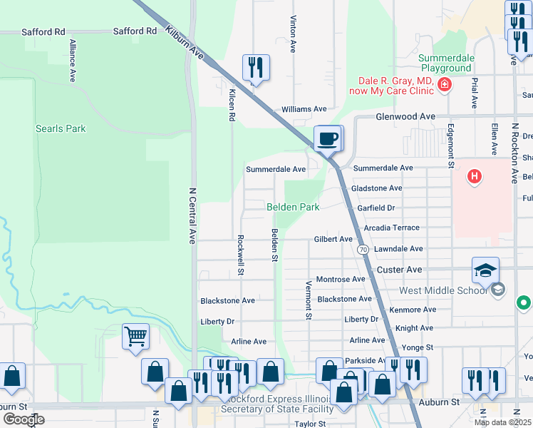 map of restaurants, bars, coffee shops, grocery stores, and more near 3410 Garfield Drive in Rockford