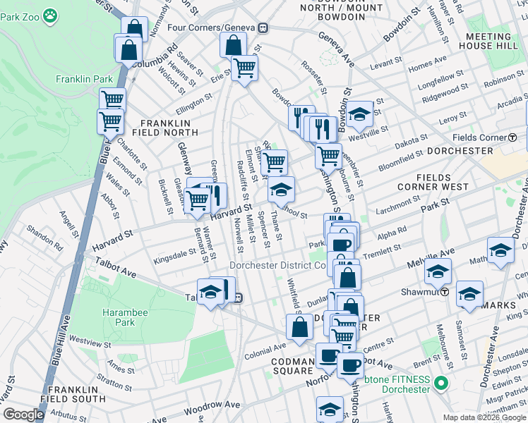 map of restaurants, bars, coffee shops, grocery stores, and more near 95 Harvard Street in Boston