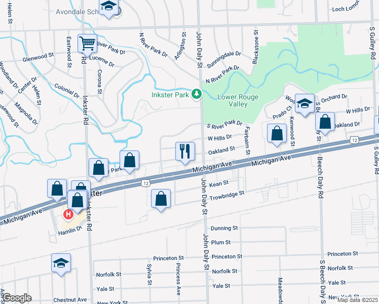 map of restaurants, bars, coffee shops, grocery stores, and more near 26660 Oakland Street in Inkster