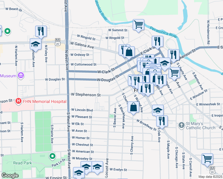 map of restaurants, bars, coffee shops, grocery stores, and more near 440 West Exchange Street in Freeport