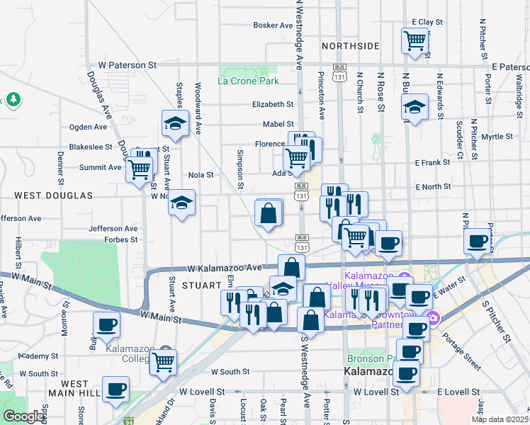 map of restaurants, bars, coffee shops, grocery stores, and more near 636 West Ransom Street in Kalamazoo
