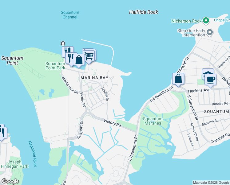 map of restaurants, bars, coffee shops, grocery stores, and more near 25 Harbourside Road in Quincy
