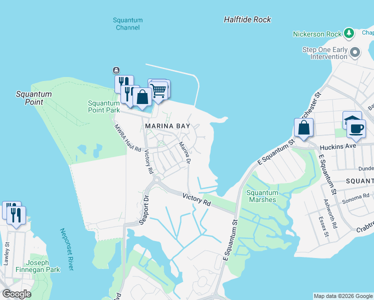 map of restaurants, bars, coffee shops, grocery stores, and more near 17 Whaler Lane in Quincy