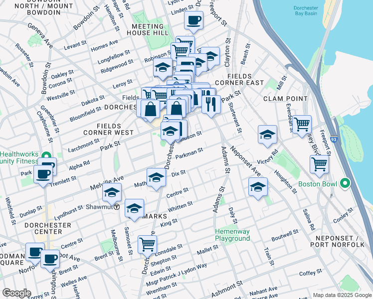 map of restaurants, bars, coffee shops, grocery stores, and more near 24 Parkman Street in Boston