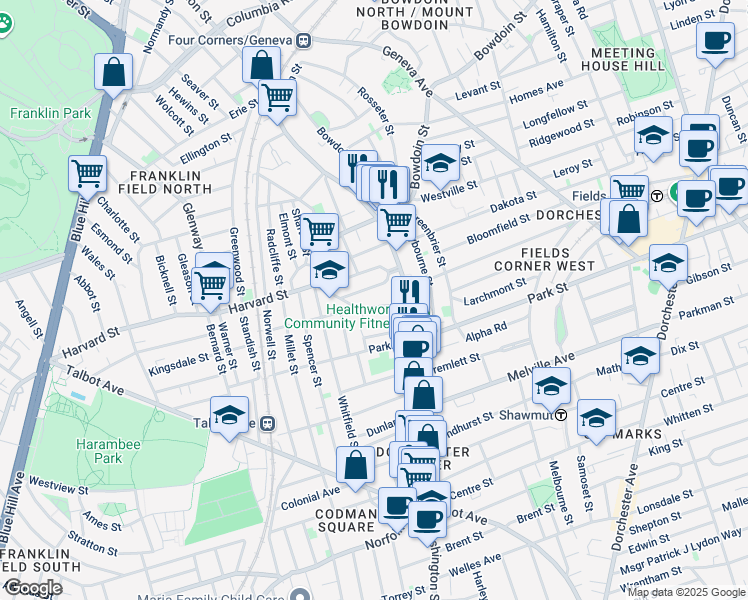 map of restaurants, bars, coffee shops, grocery stores, and more near 32 Bradlee Street in Boston