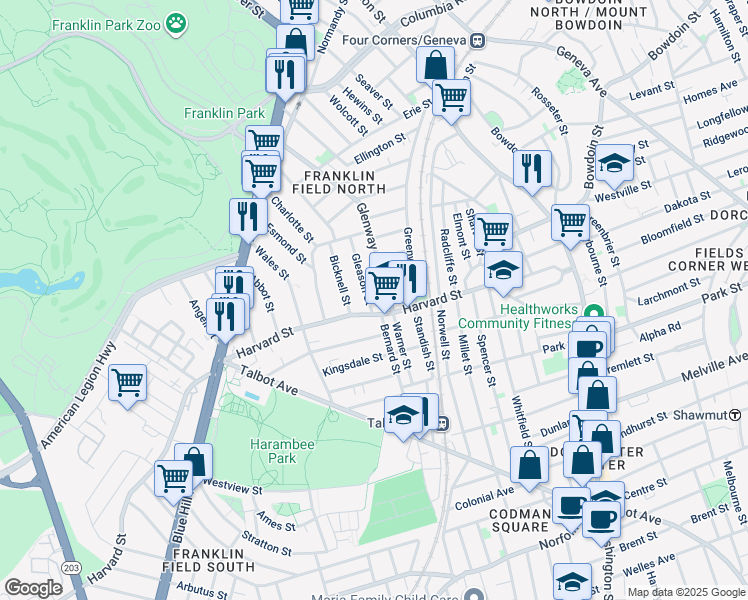 map of restaurants, bars, coffee shops, grocery stores, and more near 14 Gleason Street in Boston