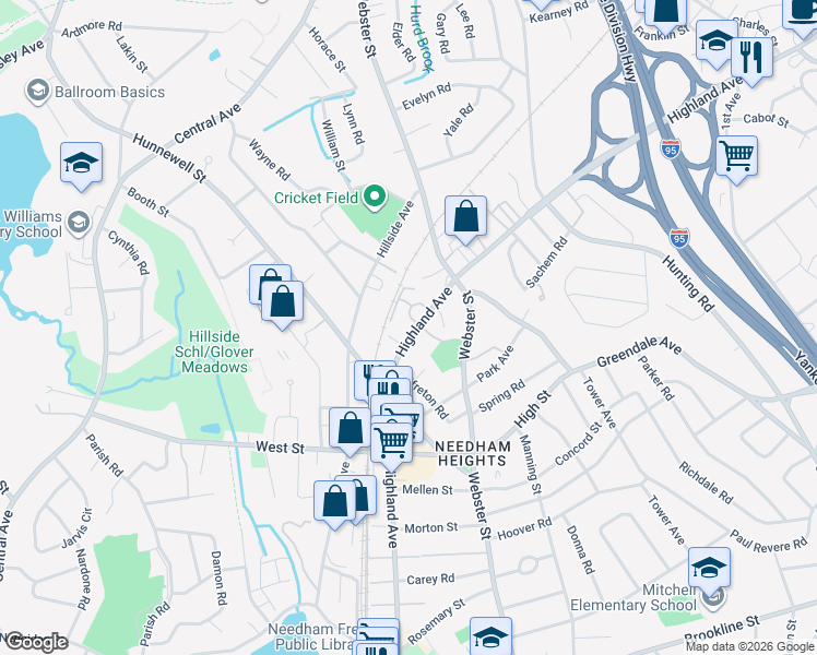 map of restaurants, bars, coffee shops, grocery stores, and more near 757 Highland Avenue in Needham