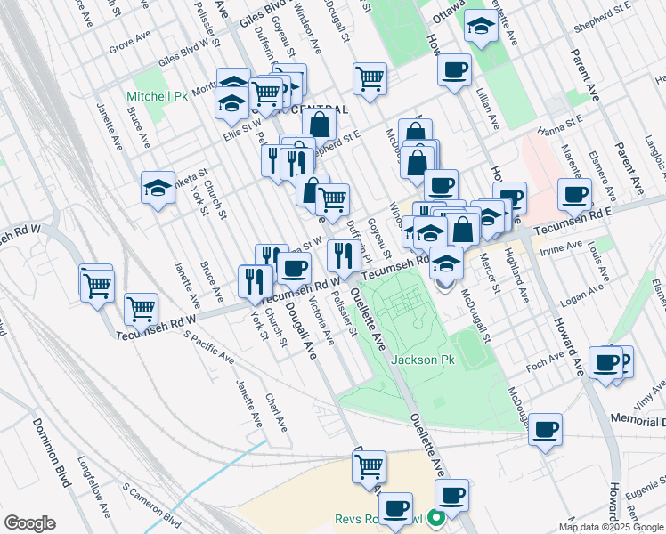 map of restaurants, bars, coffee shops, grocery stores, and more near 1641 Ouellette Avenue in Windsor