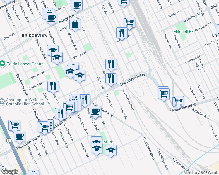 map of restaurants, bars, coffee shops, grocery stores, and more near 1450 Tecumseh Road West in Windsor