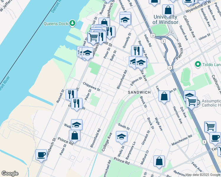 map of restaurants, bars, coffee shops, grocery stores, and more near in Windsor